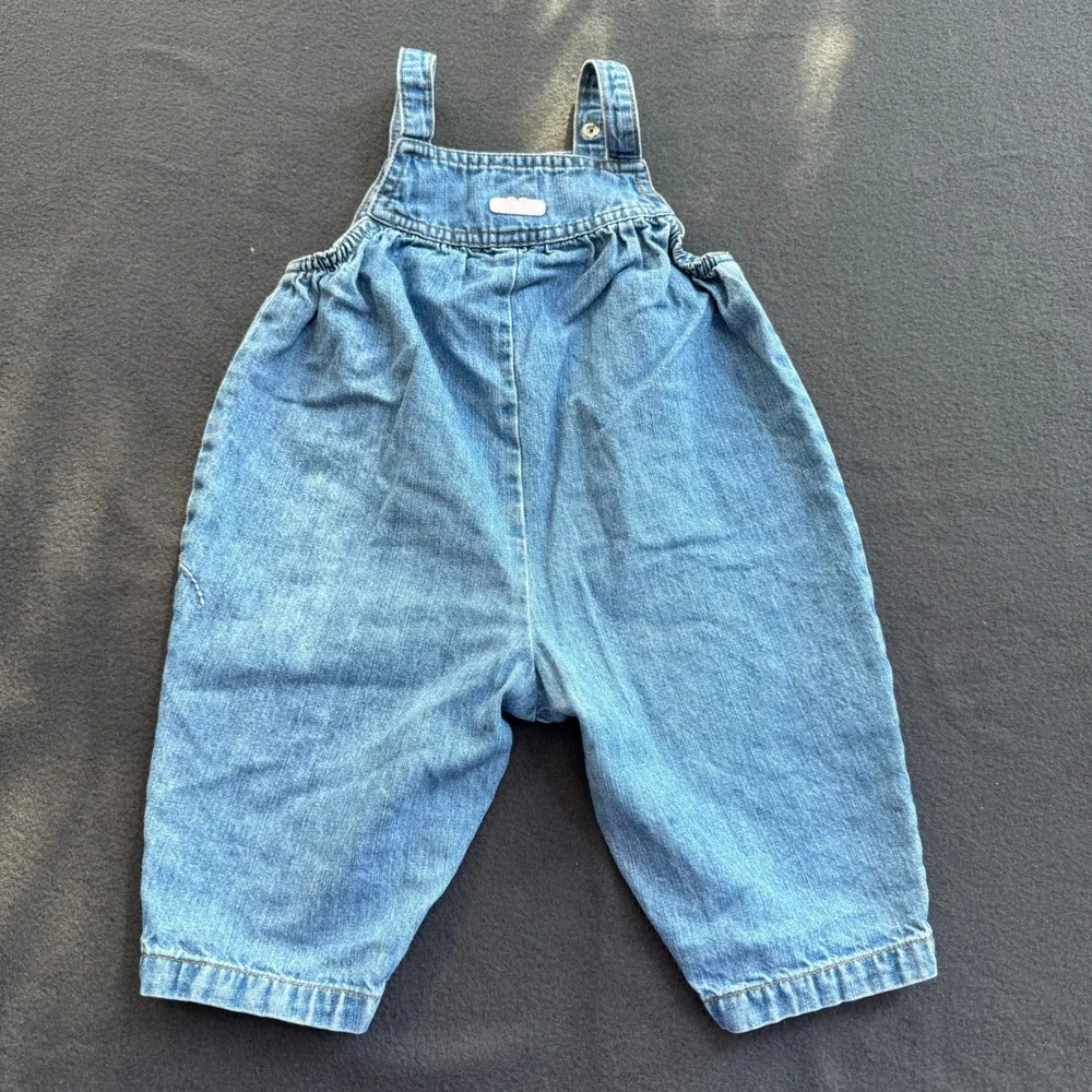 Vintage Carters Baby Girls Blue Denim Embroidered Floral Bumblebee Overalls 9M